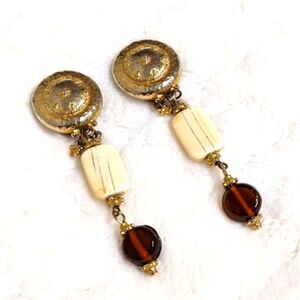 Vintage 80's Goldtone Bone & Glass Ambertone Bead Clip Earrings